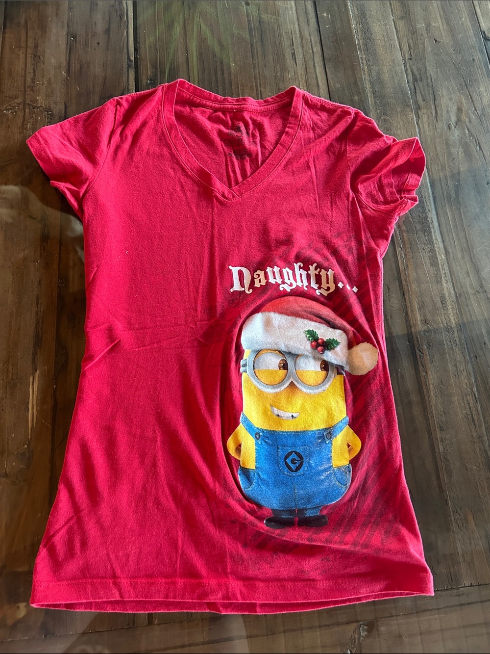 Women's Red V-Neck Holiday Minion Graphic Tee